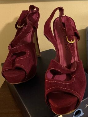 Women's Burgundy Suede High Heel Slingback Sandals